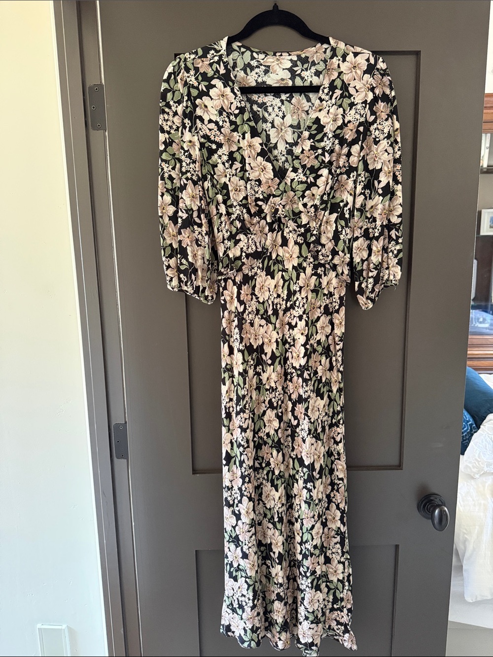 Floral Black Midi Dress with Pink Blossoms